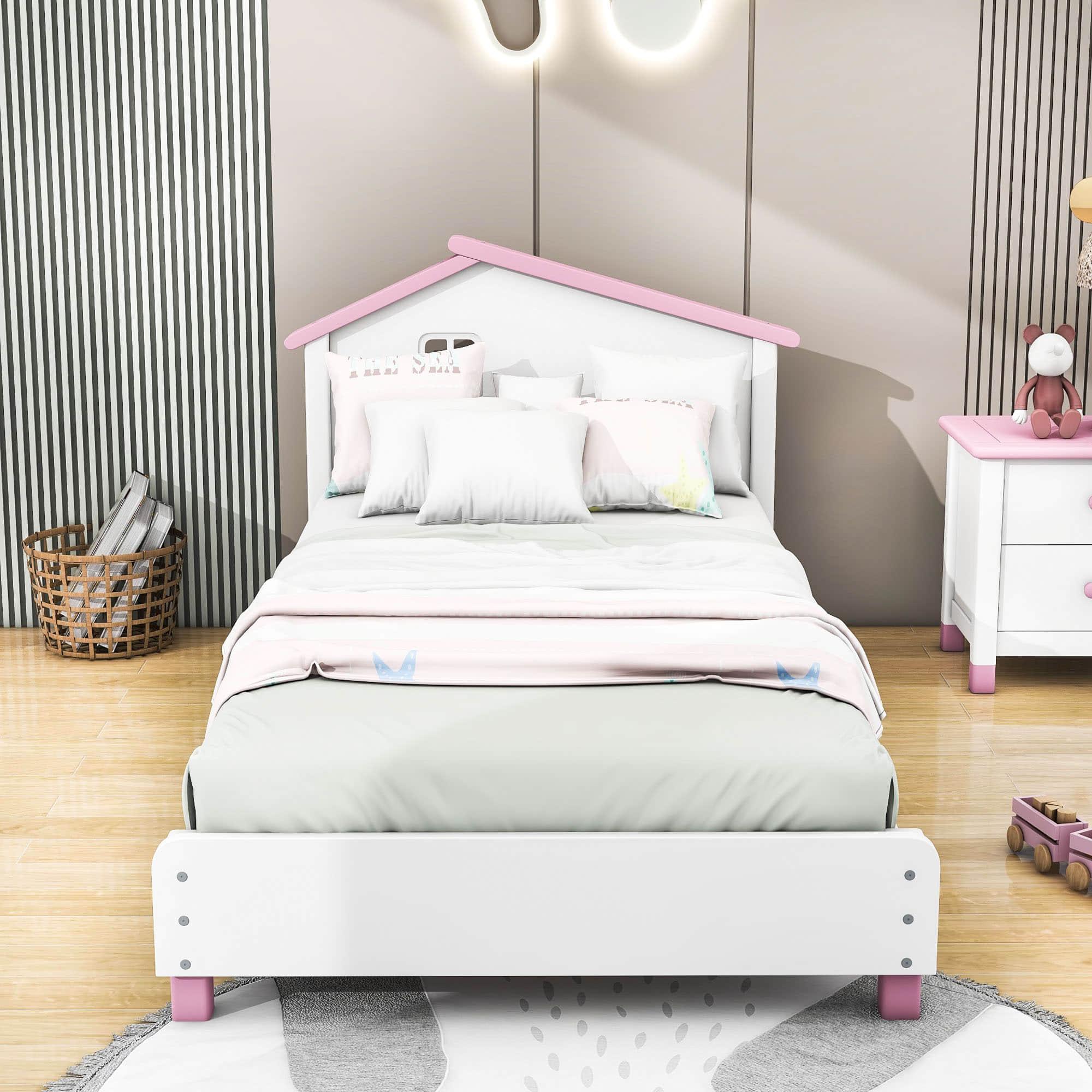 Twin Wood Girls Platform Bed with House-Shaped Headboard