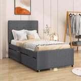 Twin Linen Upholstered Platform Bed with Storage and Headboard