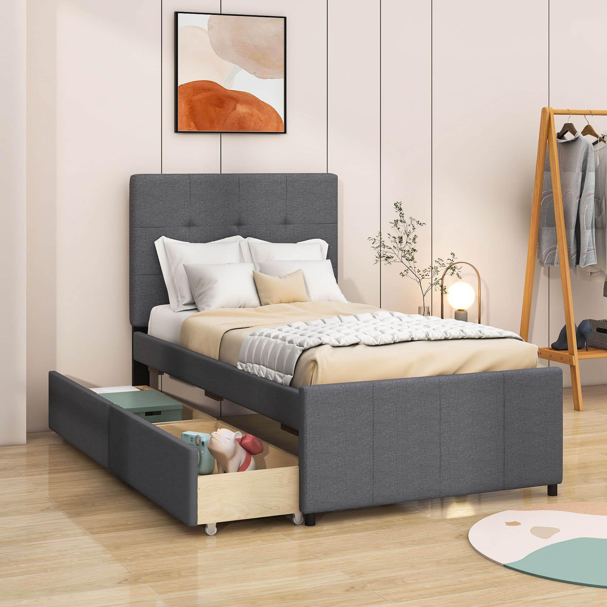 Twin Linen Upholstered Platform Bed with Storage and Headboard