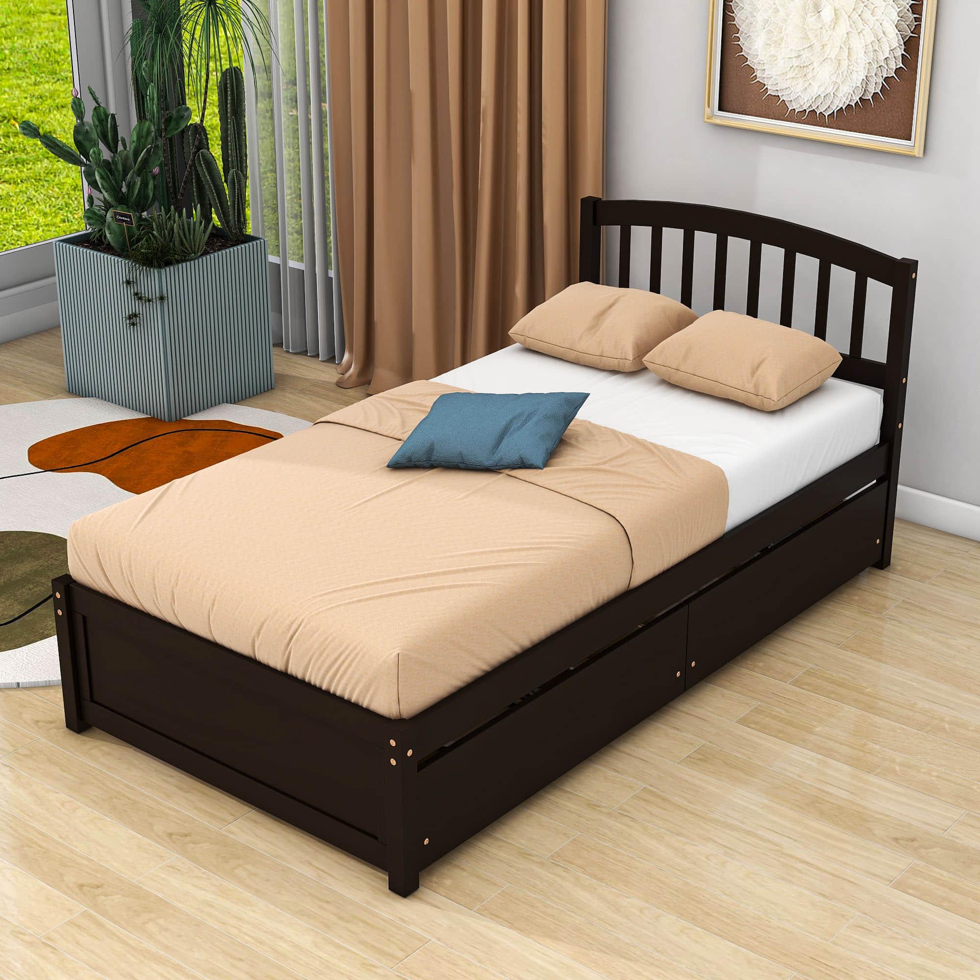 Twin Platform Bed Frame with Storage and Headboard - [Wood, Drawers]