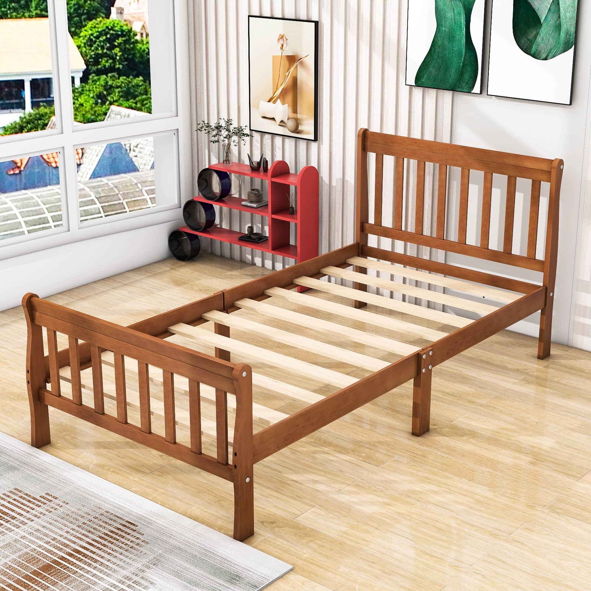 Wood Twin Size Sleigh Platform Bed Frame with Headboard