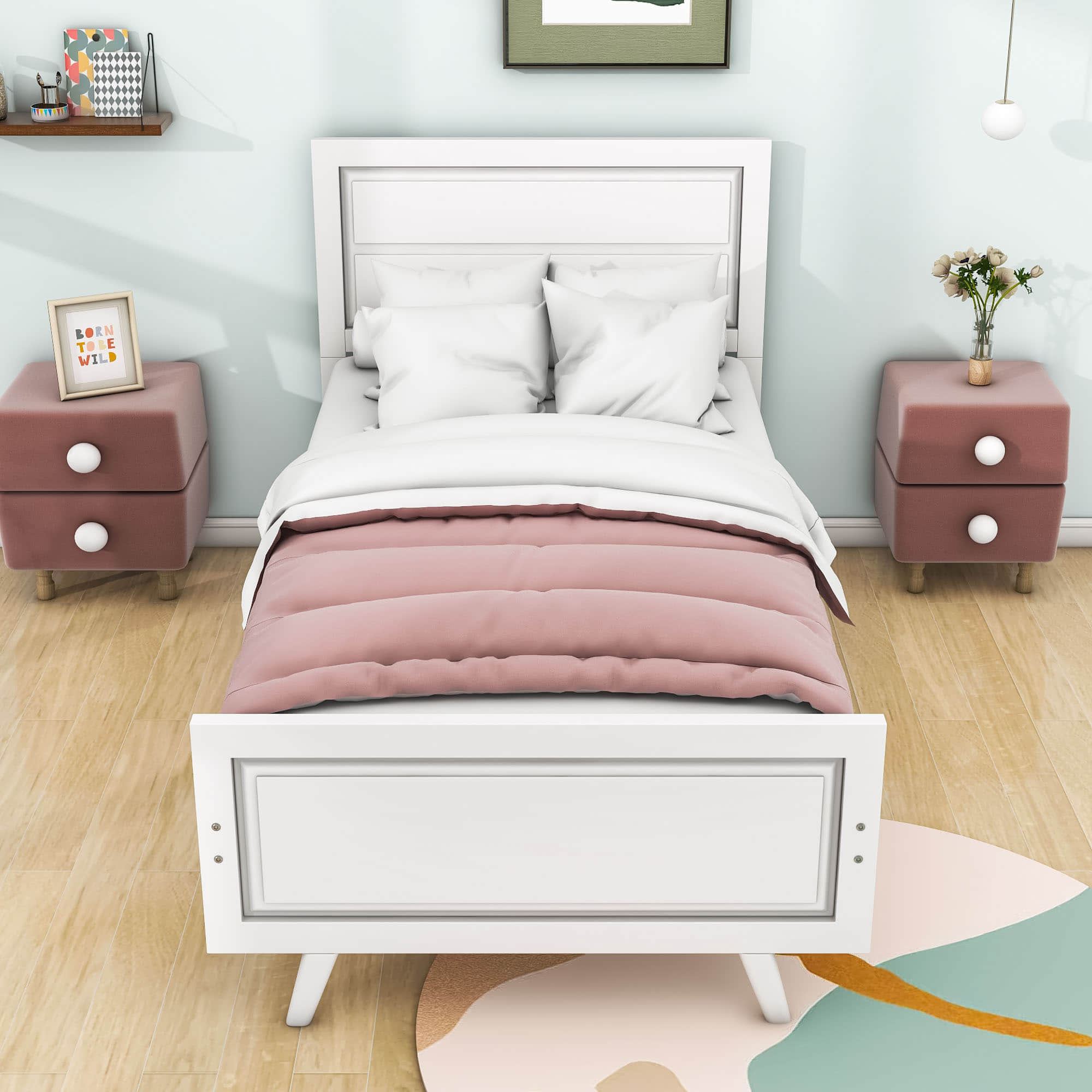 Wood Twin Platform Girls Bed Frame with Headboard and Footboard