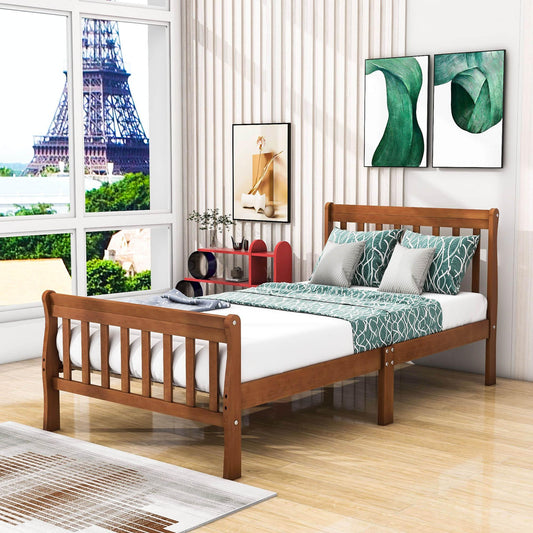 Wood Twin Size Sleigh Platform Bed Frame with Headboard