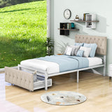 Metal Twin Size Upholstered Storage Bed with Headboard and Drawer