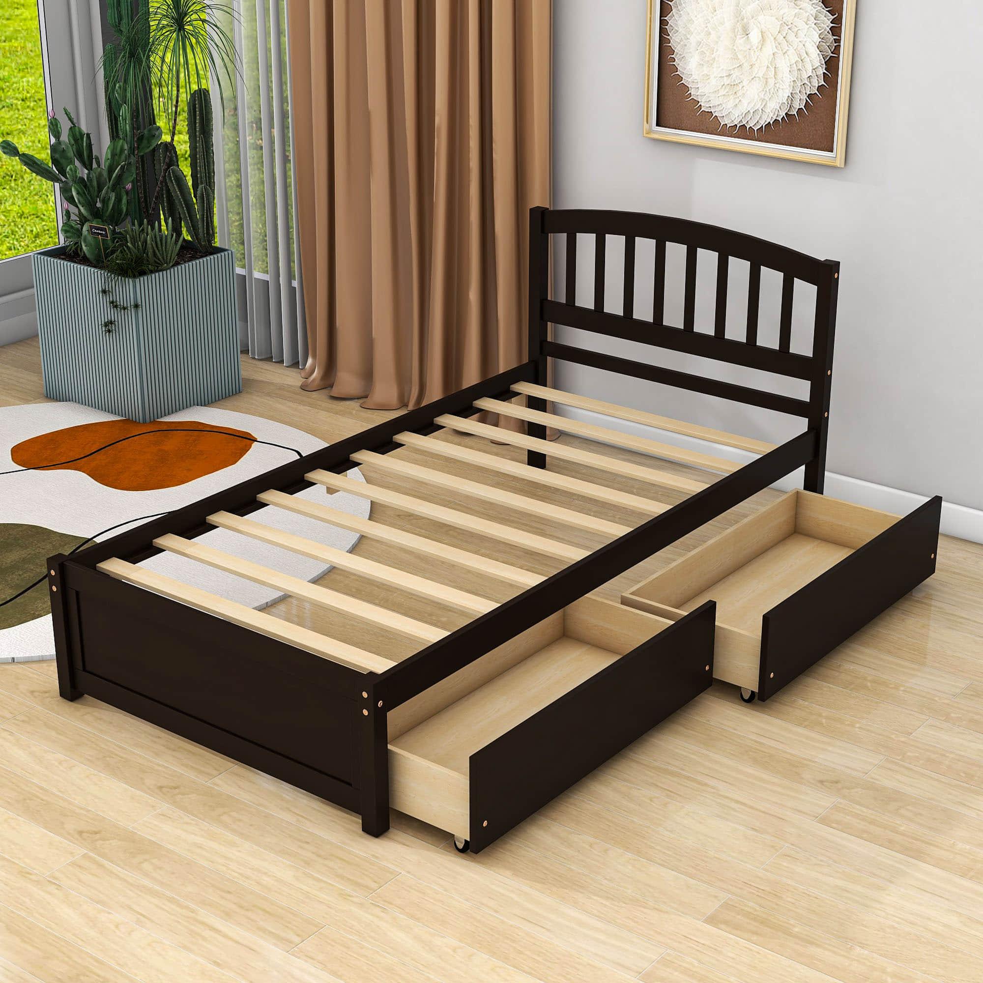 Twin Platform Bed Frame with Storage and Headboard - [Wood, Drawers]