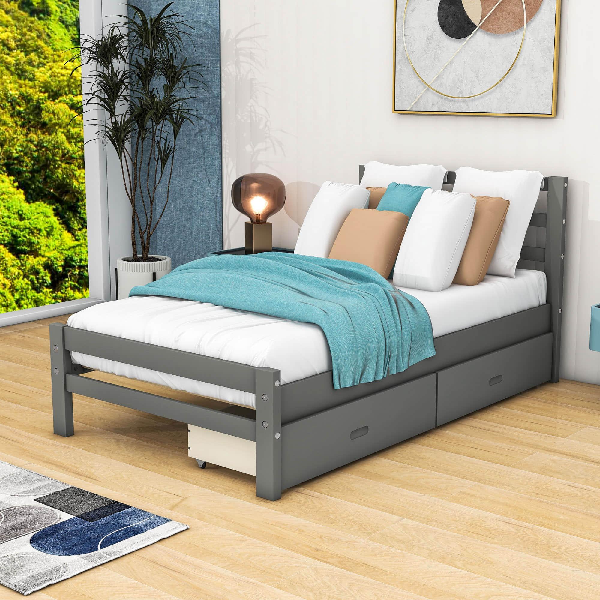 Twin Wooden Platform Bed with Storage and Headboard