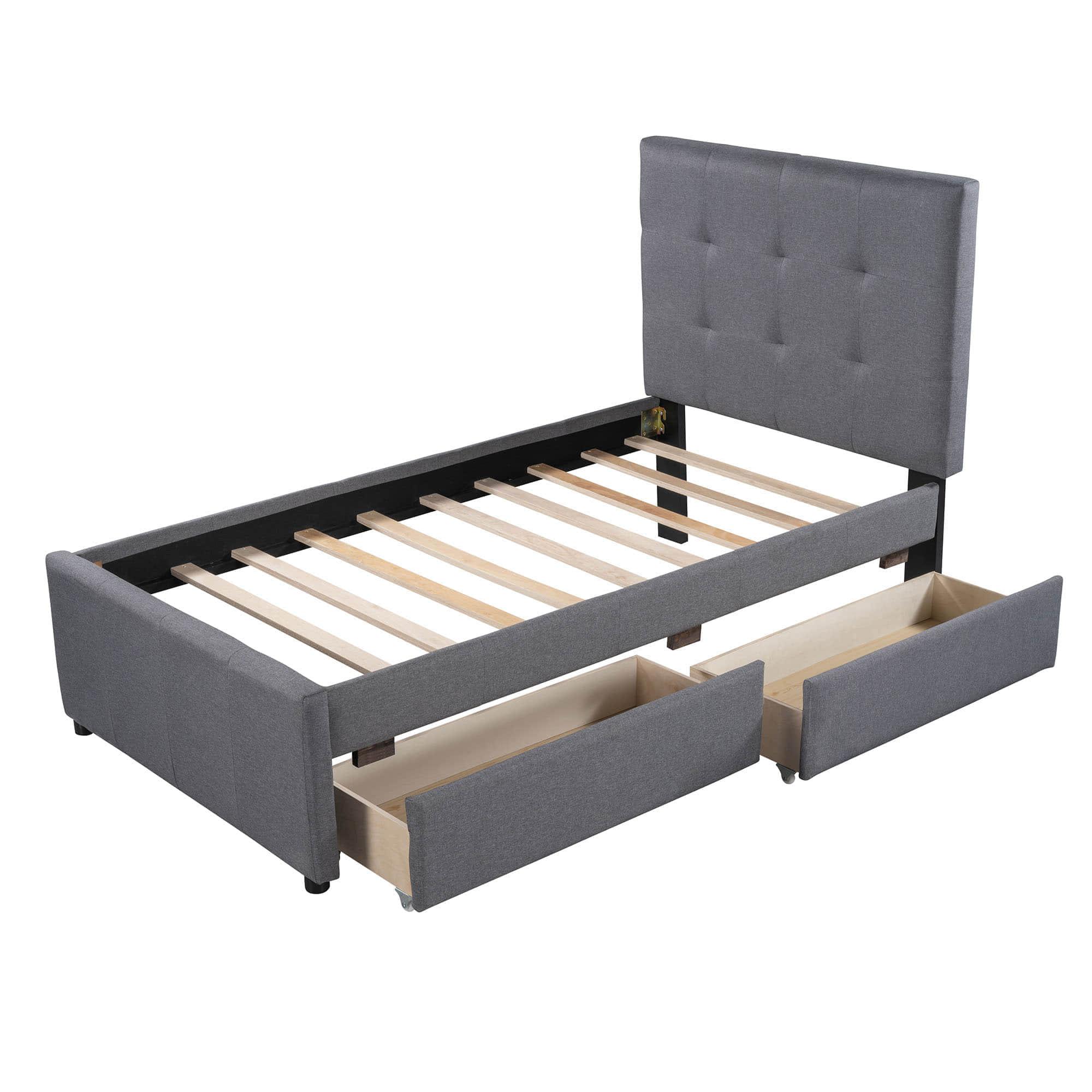 Twin Linen Upholstered Platform Bed with Storage and Headboard