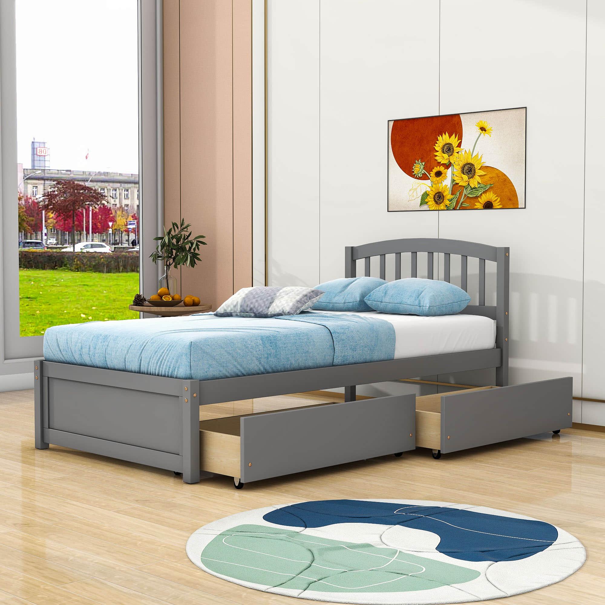 Twin Platform Bed Frame with Storage and Headboard - [Wood, Drawers]