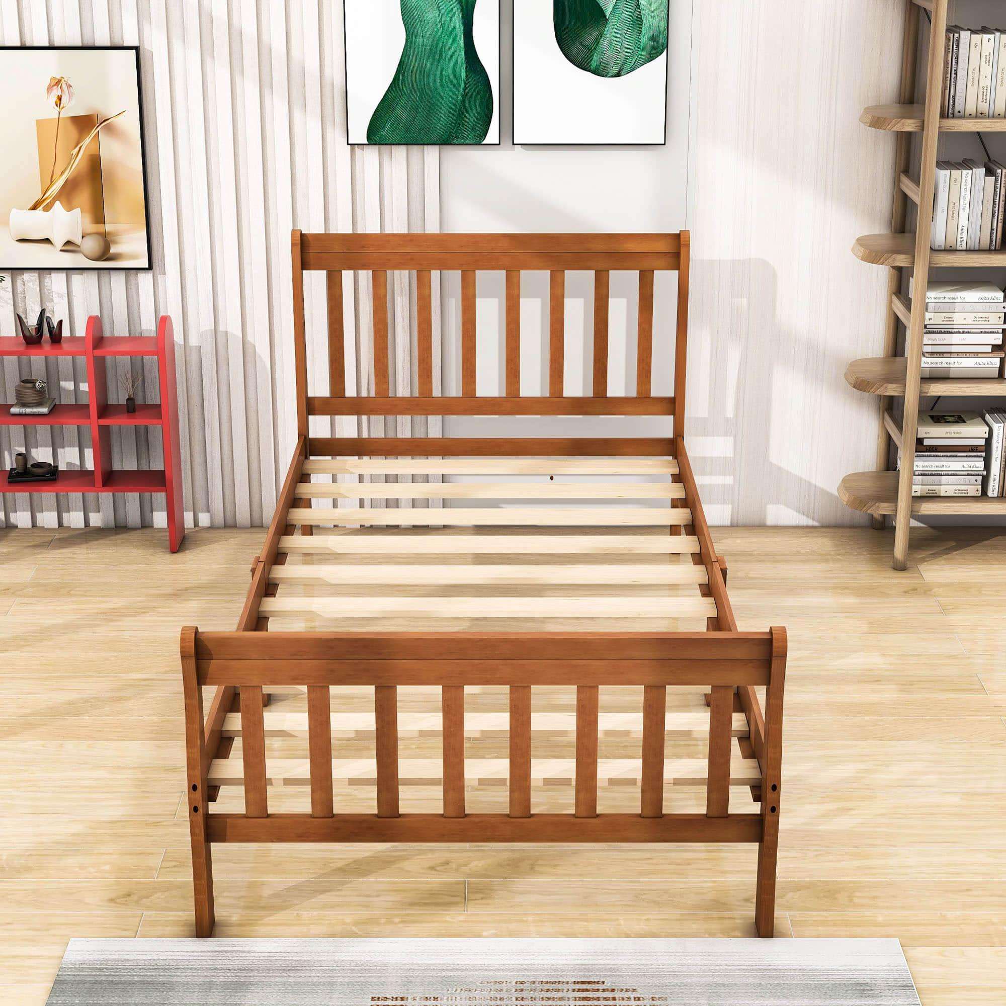 Wood Twin Size Sleigh Platform Bed Frame with Headboard