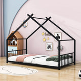 Twin Size Metal House Floor Bed for Toddler, Kids