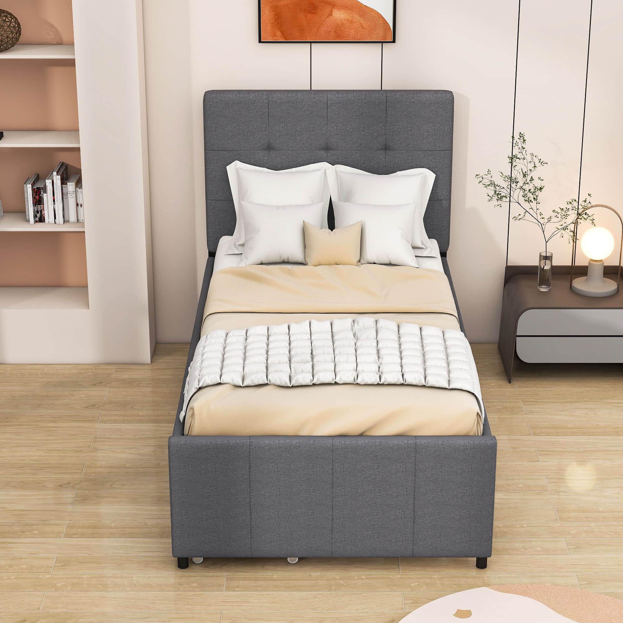 Twin Linen Upholstered Platform Bed with Storage and Headboard