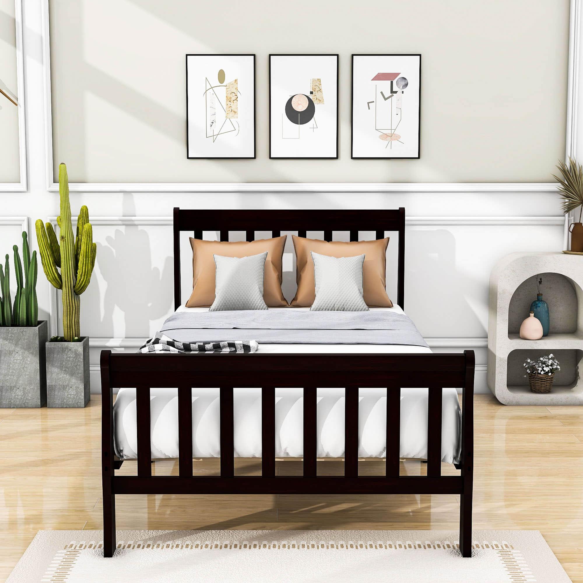 Wood Twin Size Sleigh Platform Bed Frame with Headboard