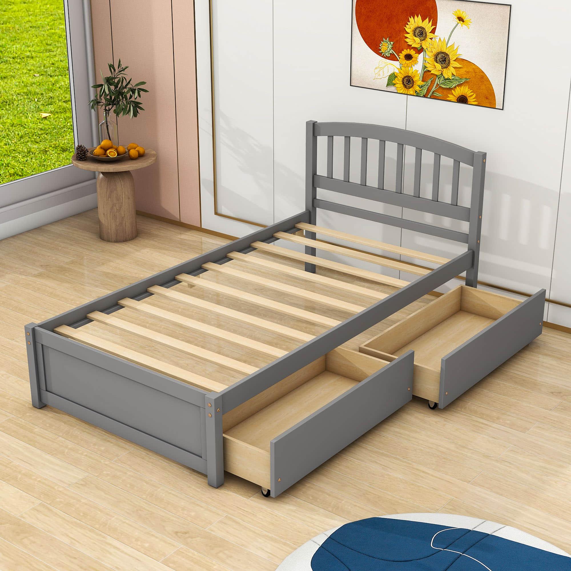 Twin Platform Bed Frame with Storage and Headboard - [Wood, Drawers]