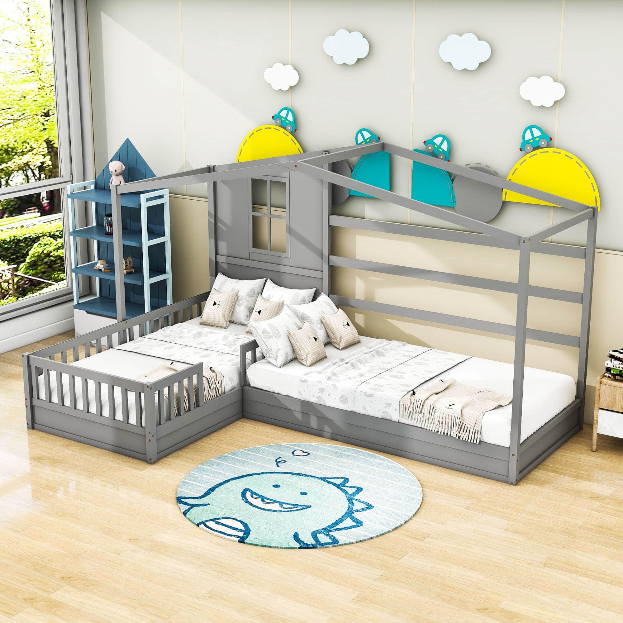 Wooden Montessori Twin Size House Double Kids Bed with Rails