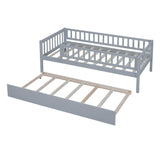 Wooden Twin Low Kids Bed with Twin Size Trundle and Rails