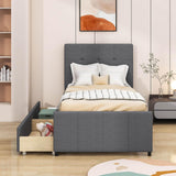 Twin Linen Upholstered Platform Bed with Storage and Headboard