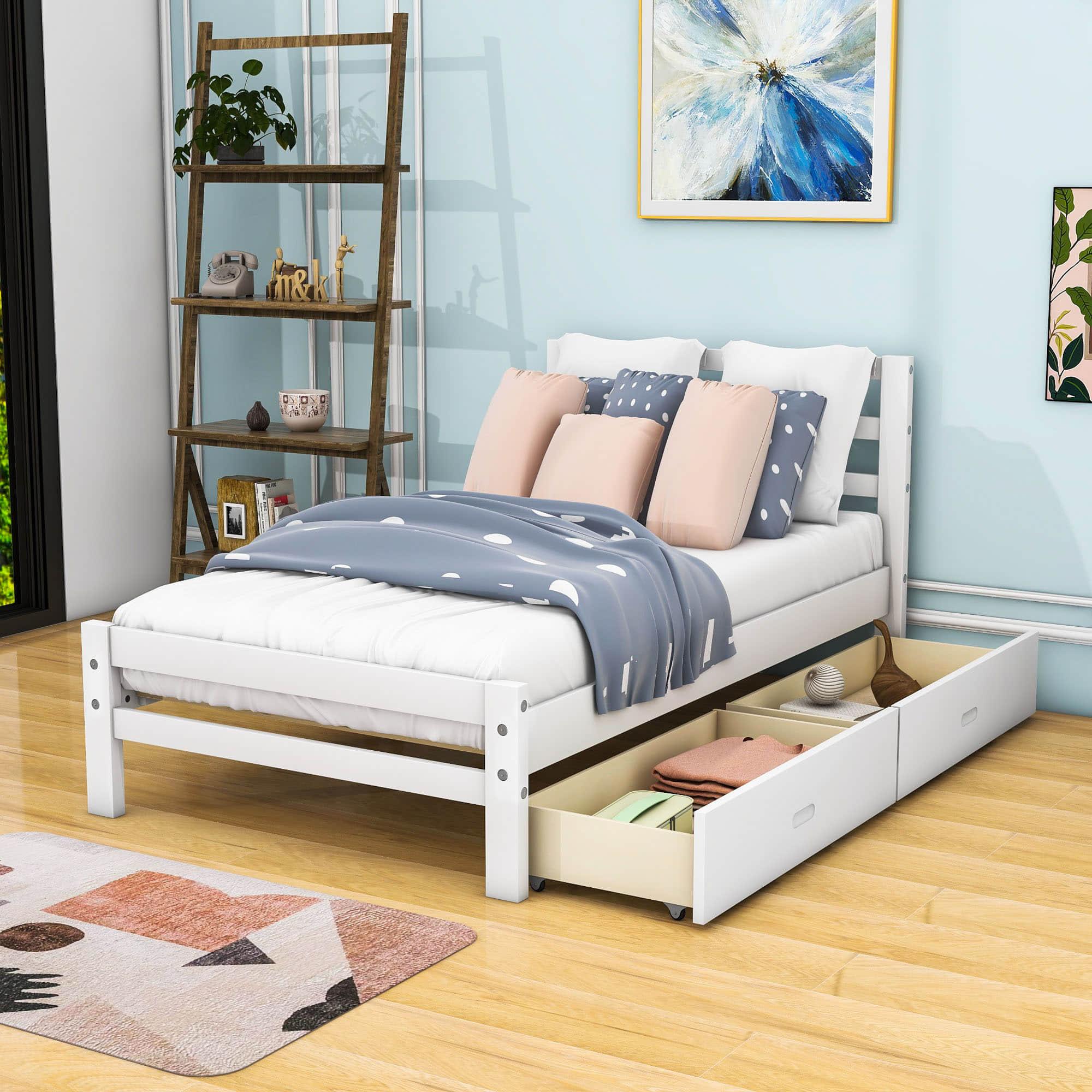 Twin Wooden Platform Bed with Storage and Headboard