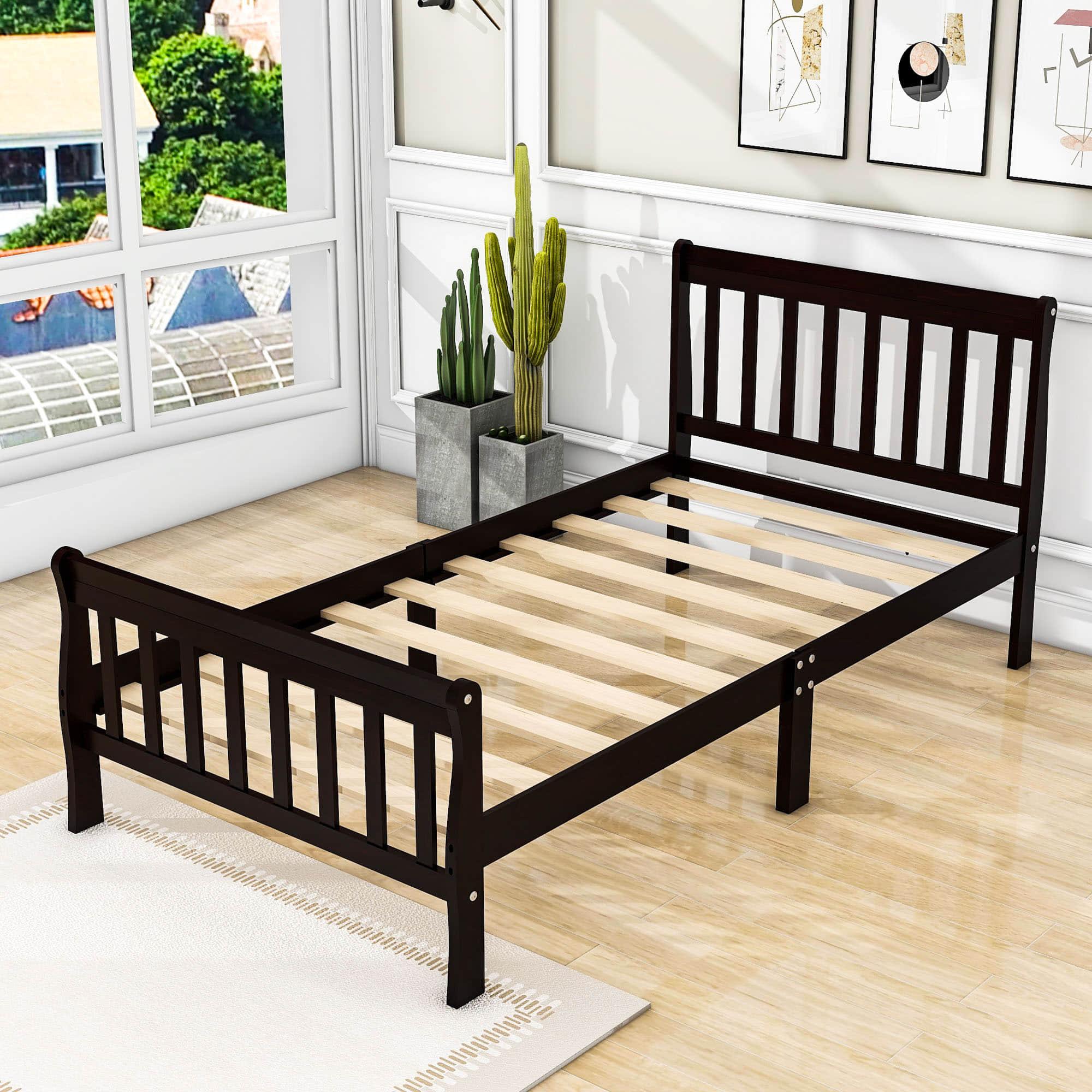 Wood Twin Size Sleigh Platform Bed Frame with Headboard