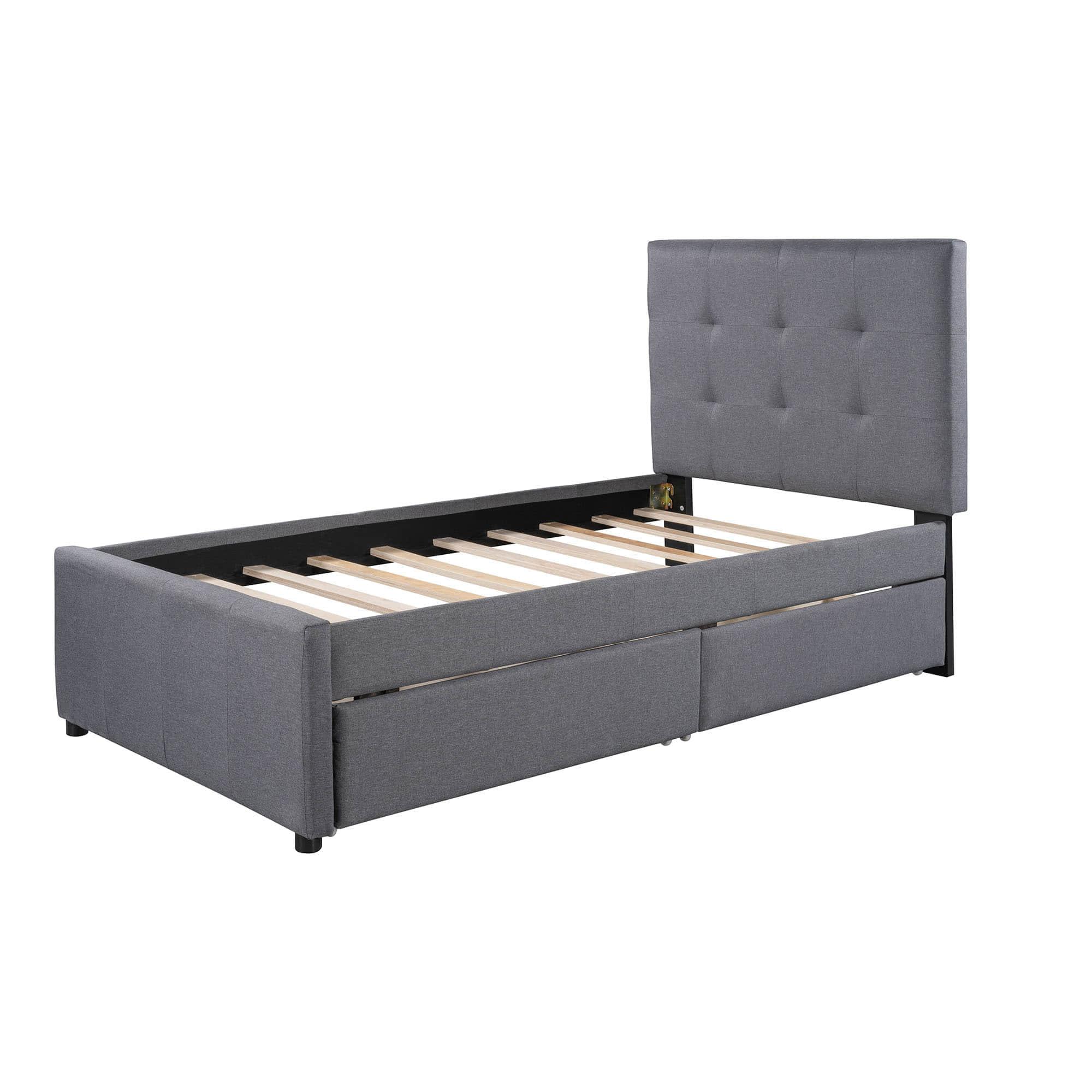 Twin Linen Upholstered Platform Bed with Storage and Headboard