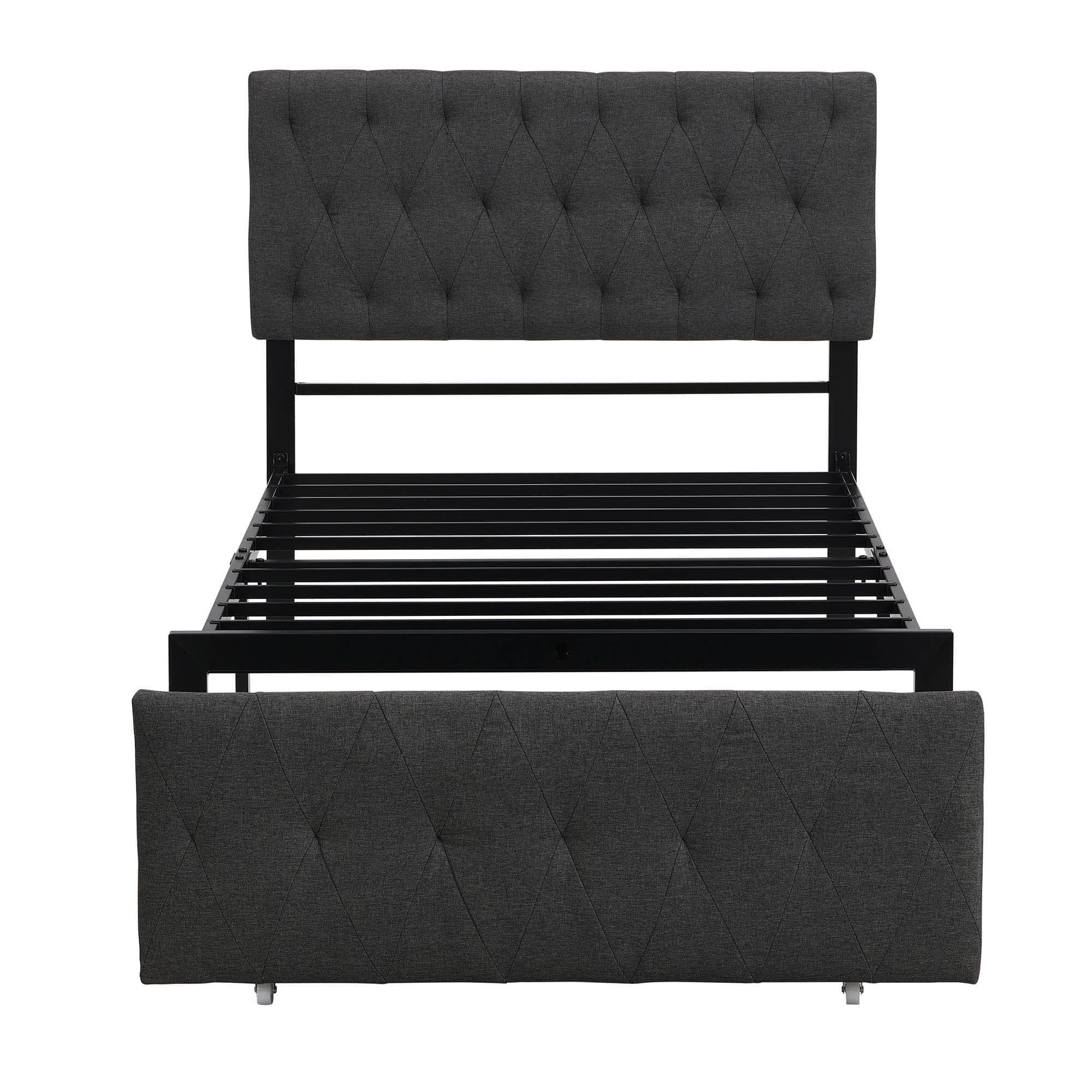 Metal Twin Size Upholstered Storage Bed with Headboard and Drawer