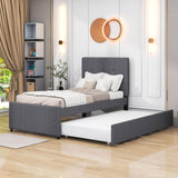 Twin Upholstered Platform Bed with Headboard and Trundle - [Linen]