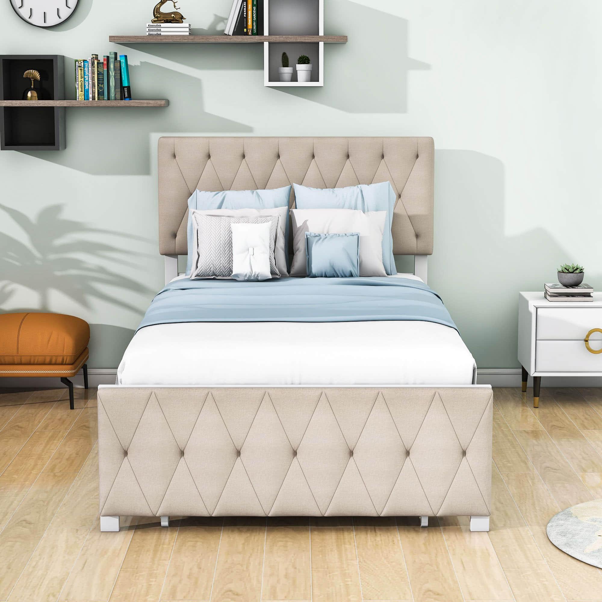 Metal Twin Size Upholstered Storage Bed with Headboard and Drawer