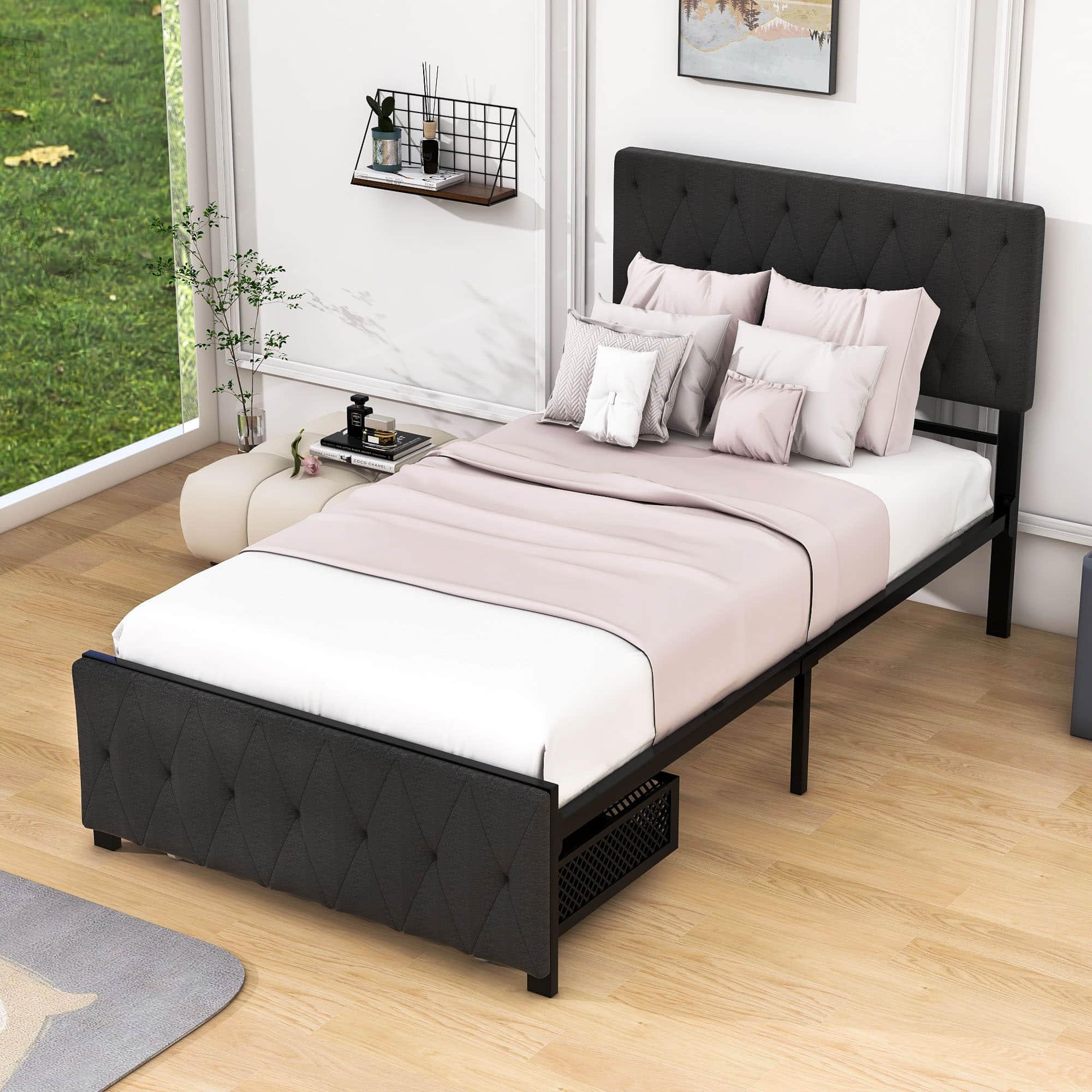 Metal Twin Size Upholstered Storage Bed with Headboard and Drawer