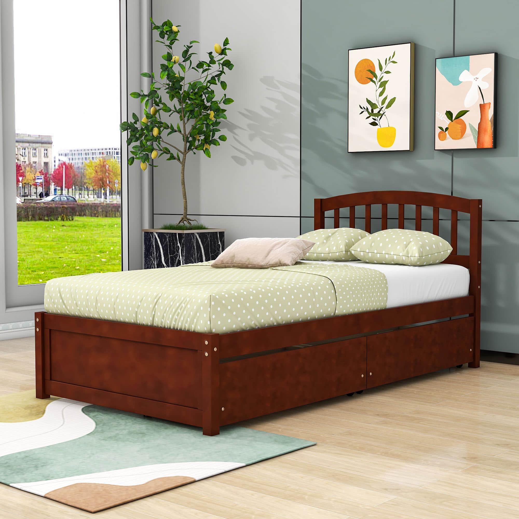 Twin Platform Bed Frame with Storage and Headboard - [Wood, Drawers]