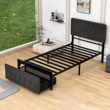 Metal Twin Size Upholstered Storage Bed with Headboard and Drawer