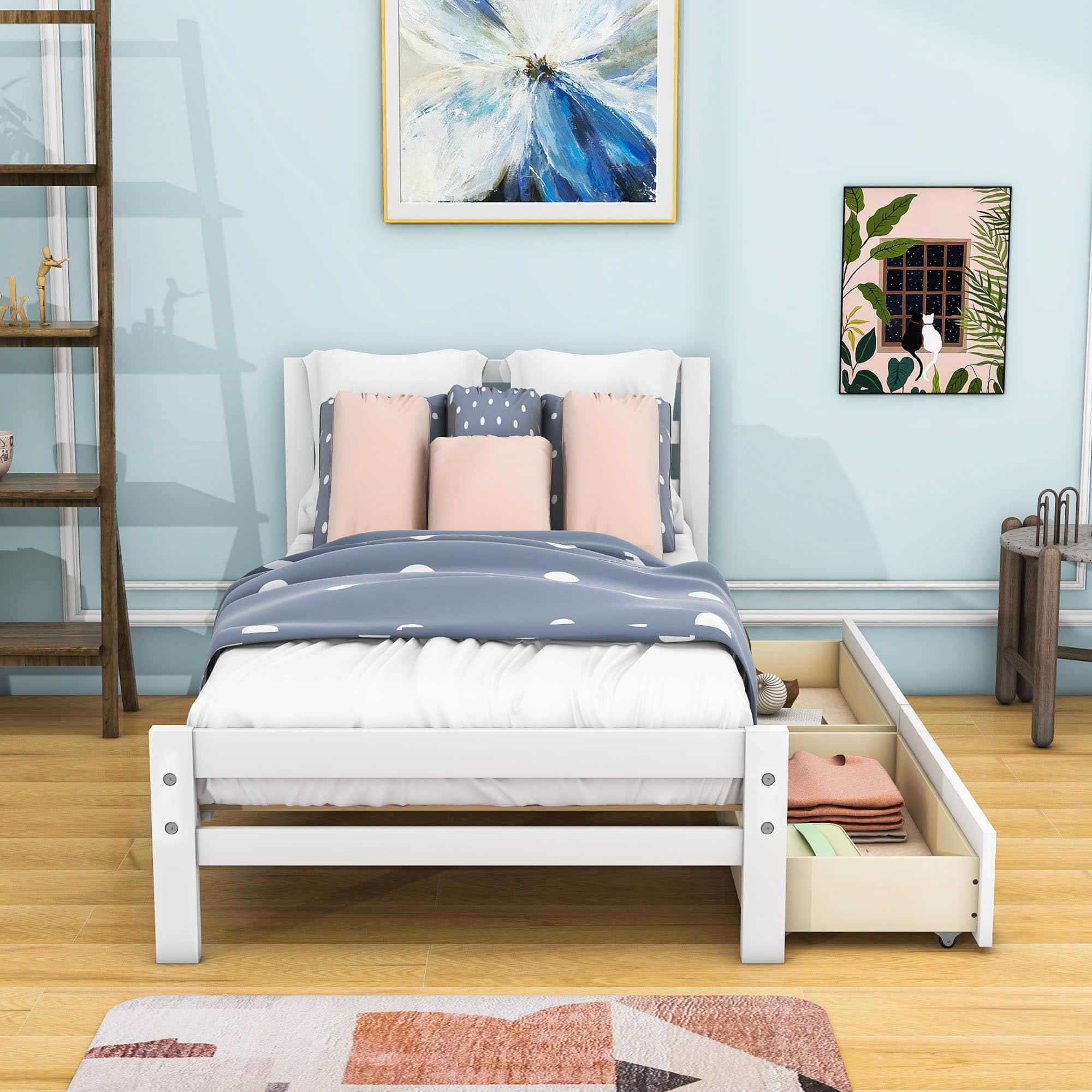 Twin Wooden Platform Bed with Storage and Headboard