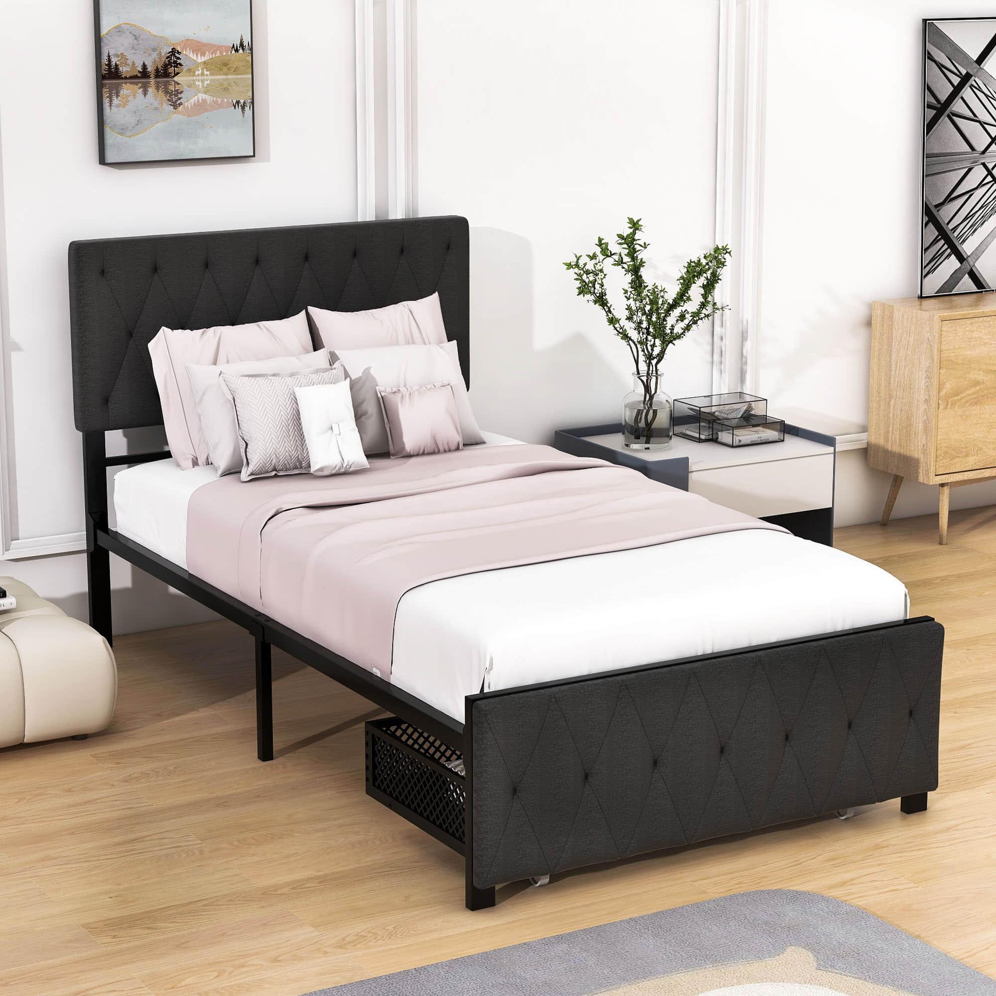 Metal Twin Size Upholstered Storage Bed with Headboard and Drawer