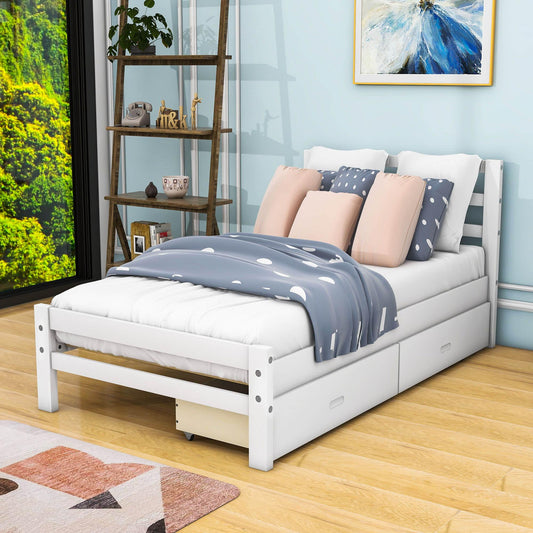 Twin Wooden Platform Bed with Storage and Headboard