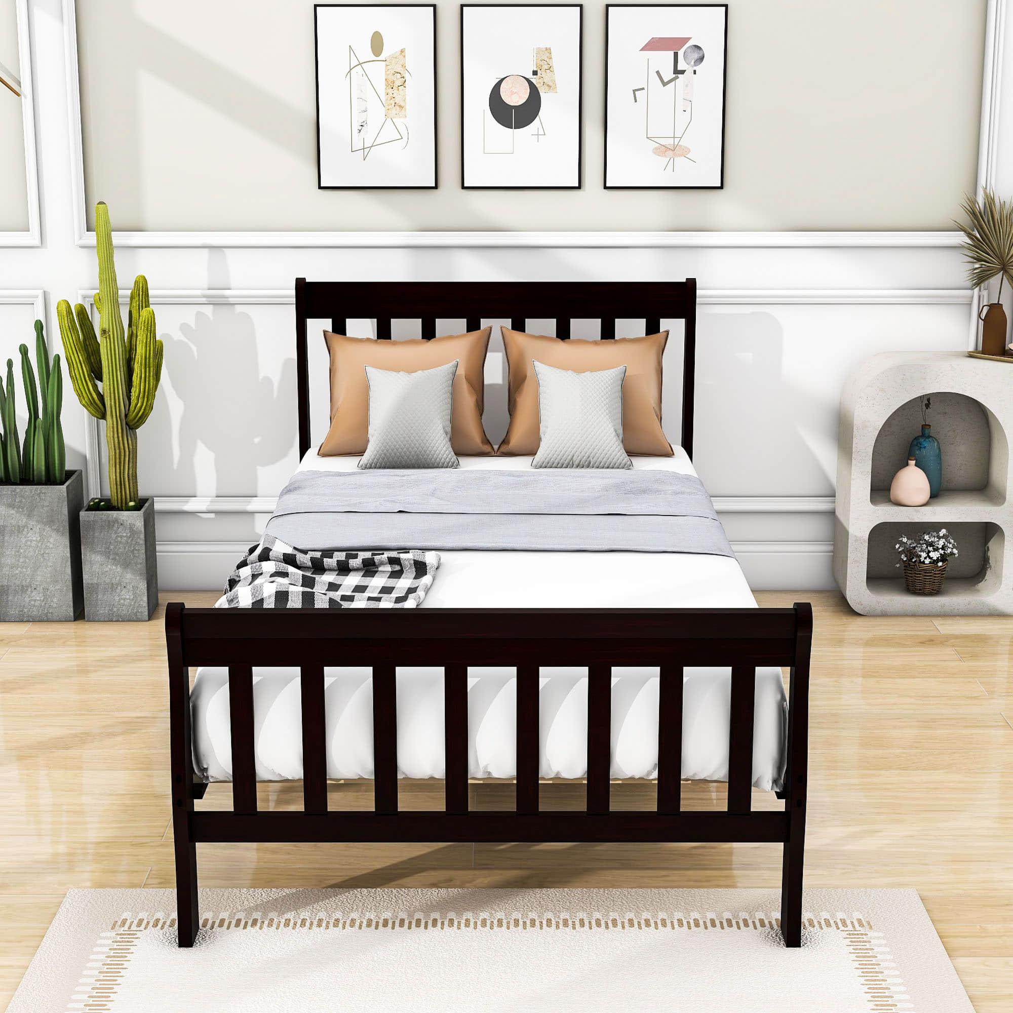 Wood Twin Size Sleigh Platform Bed Frame with Headboard