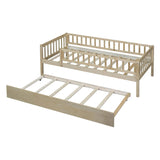 Wooden Twin Low Kids Bed with Twin Size Trundle and Rails