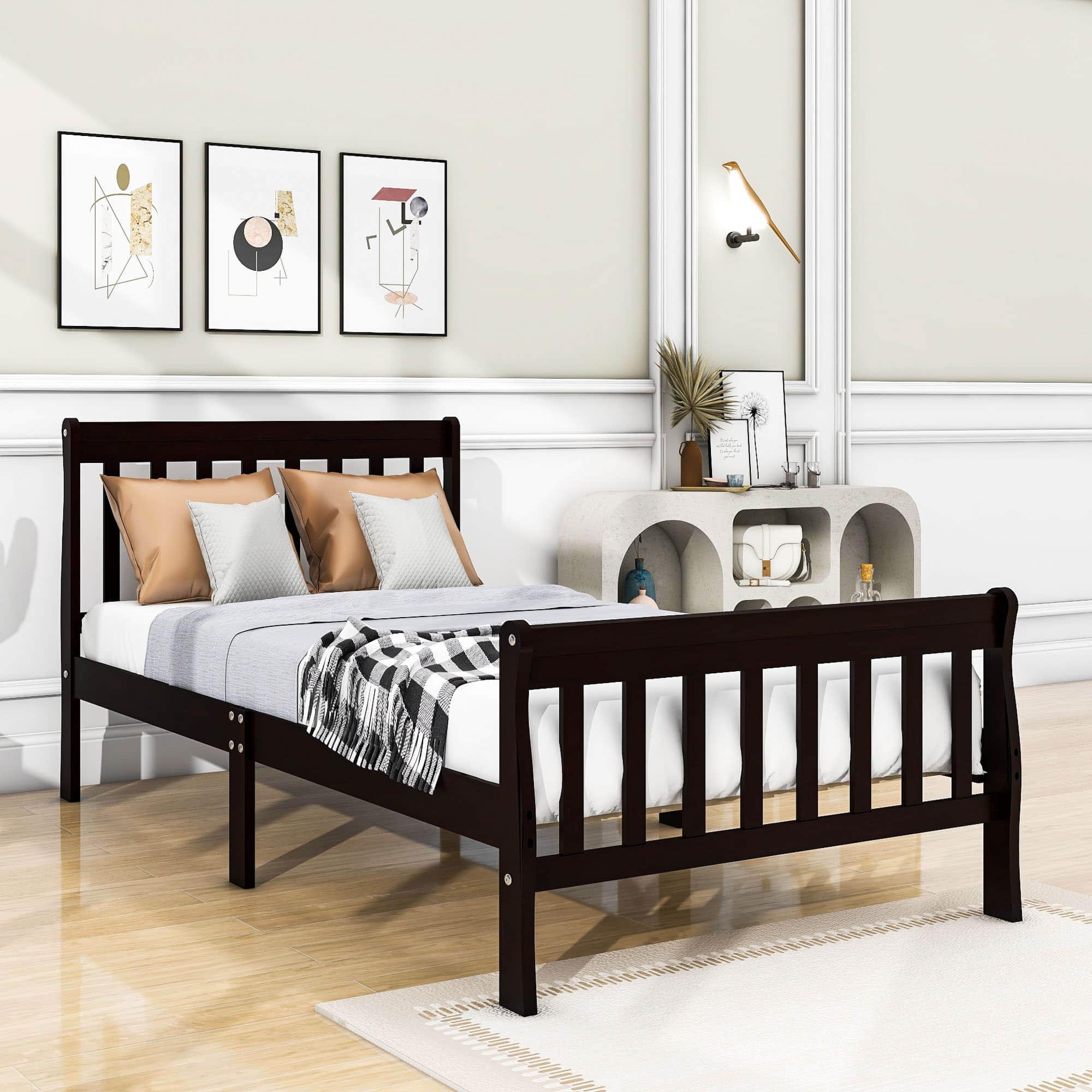 Wood Twin Size Sleigh Platform Bed Frame with Headboard