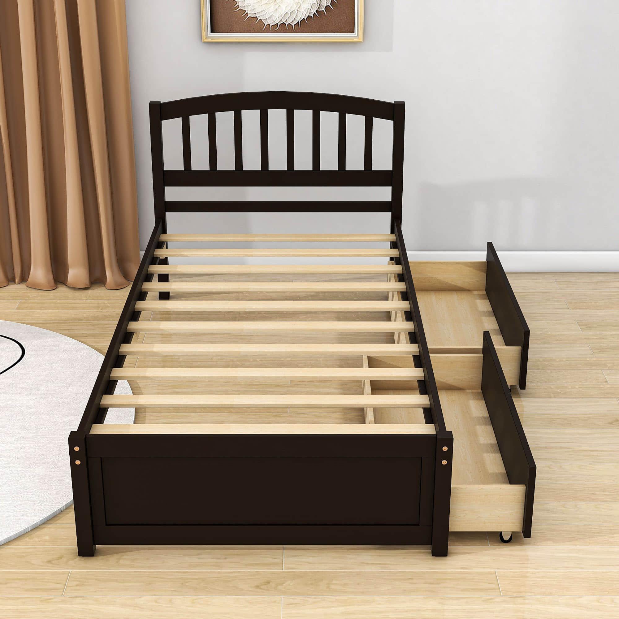 Twin Platform Bed Frame with Storage and Headboard - [Wood, Drawers]