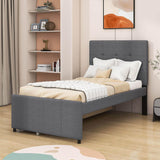 Twin Linen Upholstered Platform Bed with Storage and Headboard