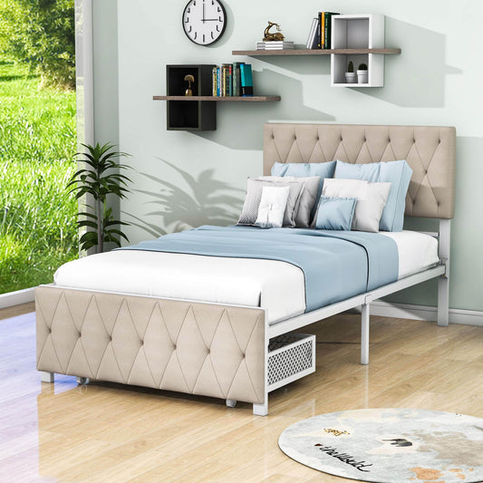 Metal Twin Size Upholstered Storage Bed with Headboard and Drawer