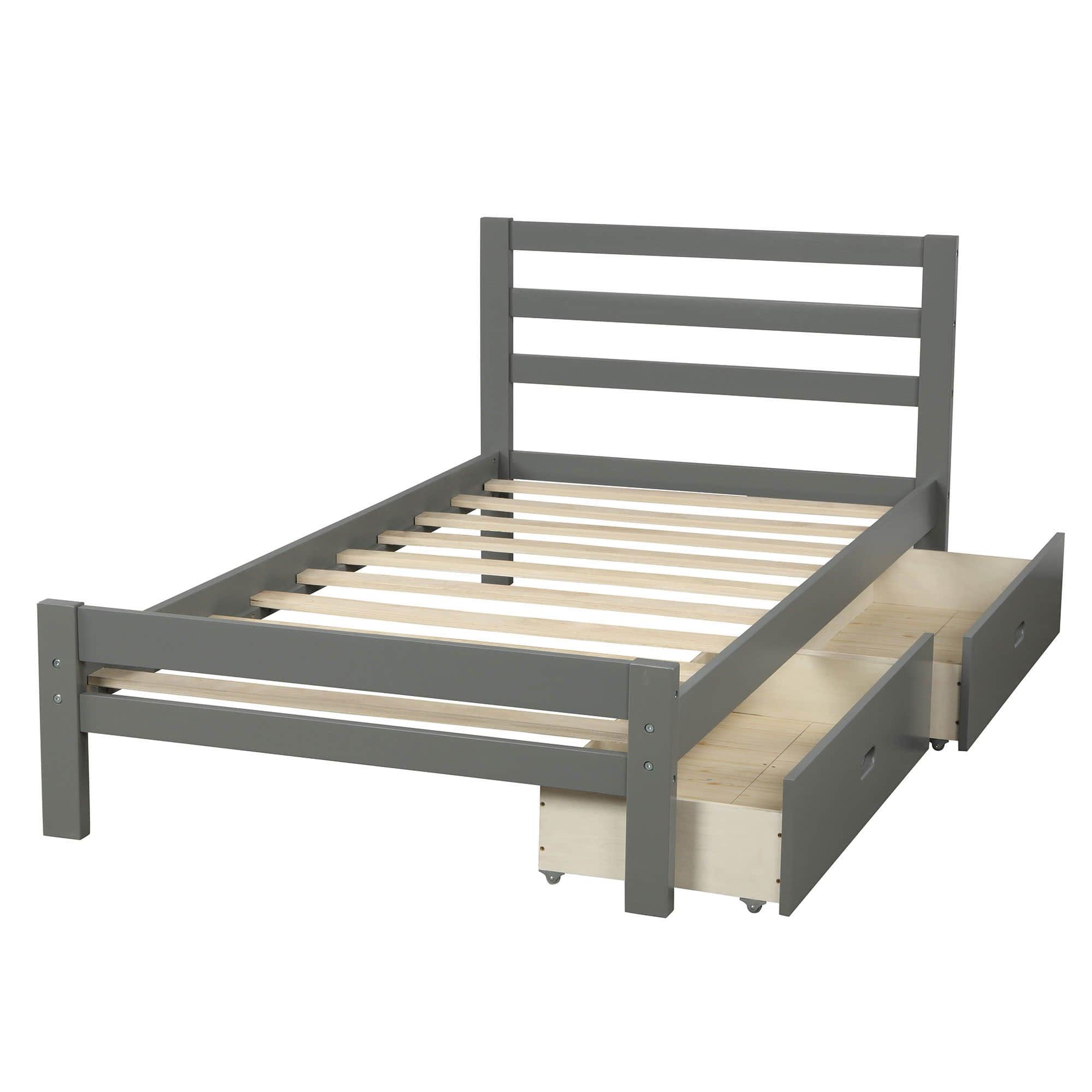 Twin Wooden Platform Bed with Storage and Headboard