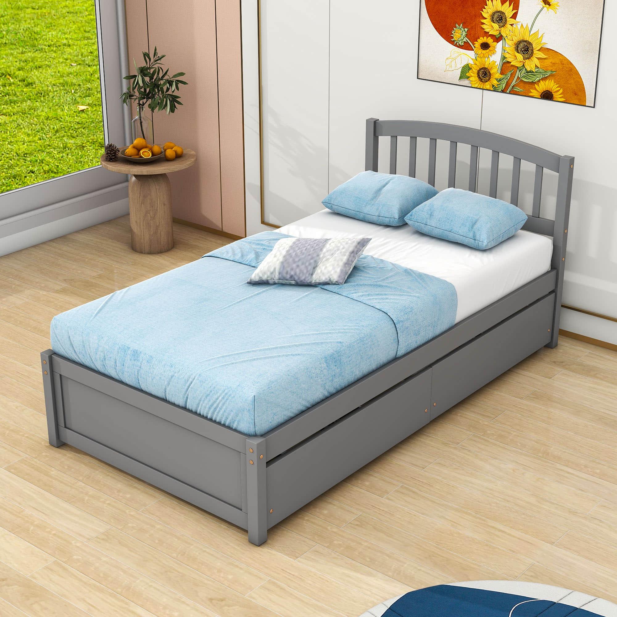 Twin Platform Bed Frame with Storage and Headboard - [Wood, Drawers]