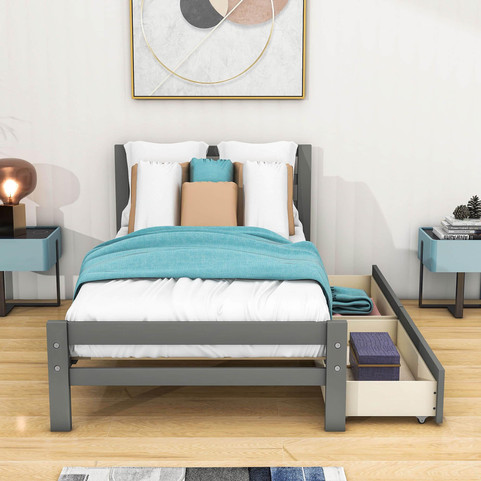 Twin Wooden Platform Bed with Storage and Headboard