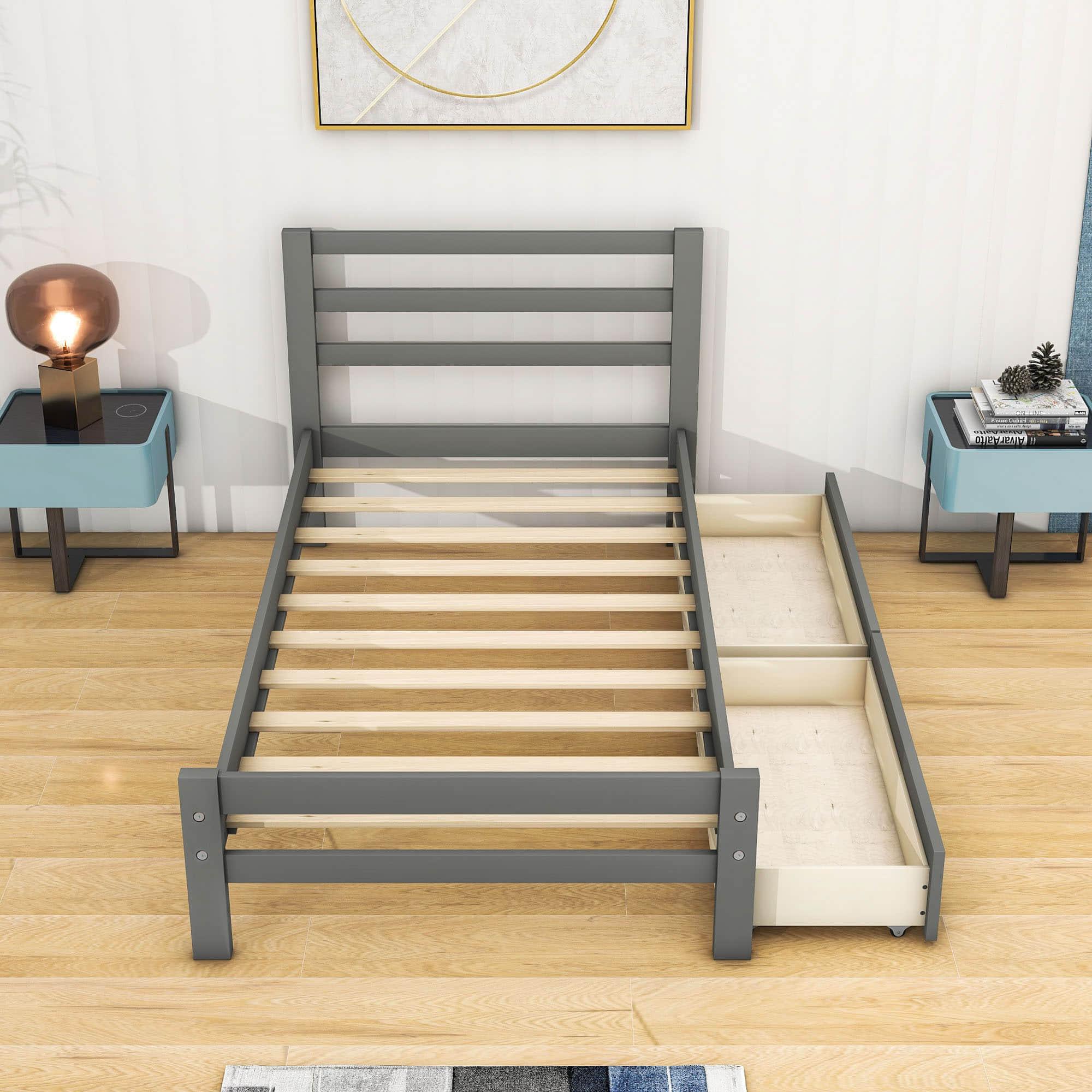 Twin Wooden Platform Bed with Storage and Headboard