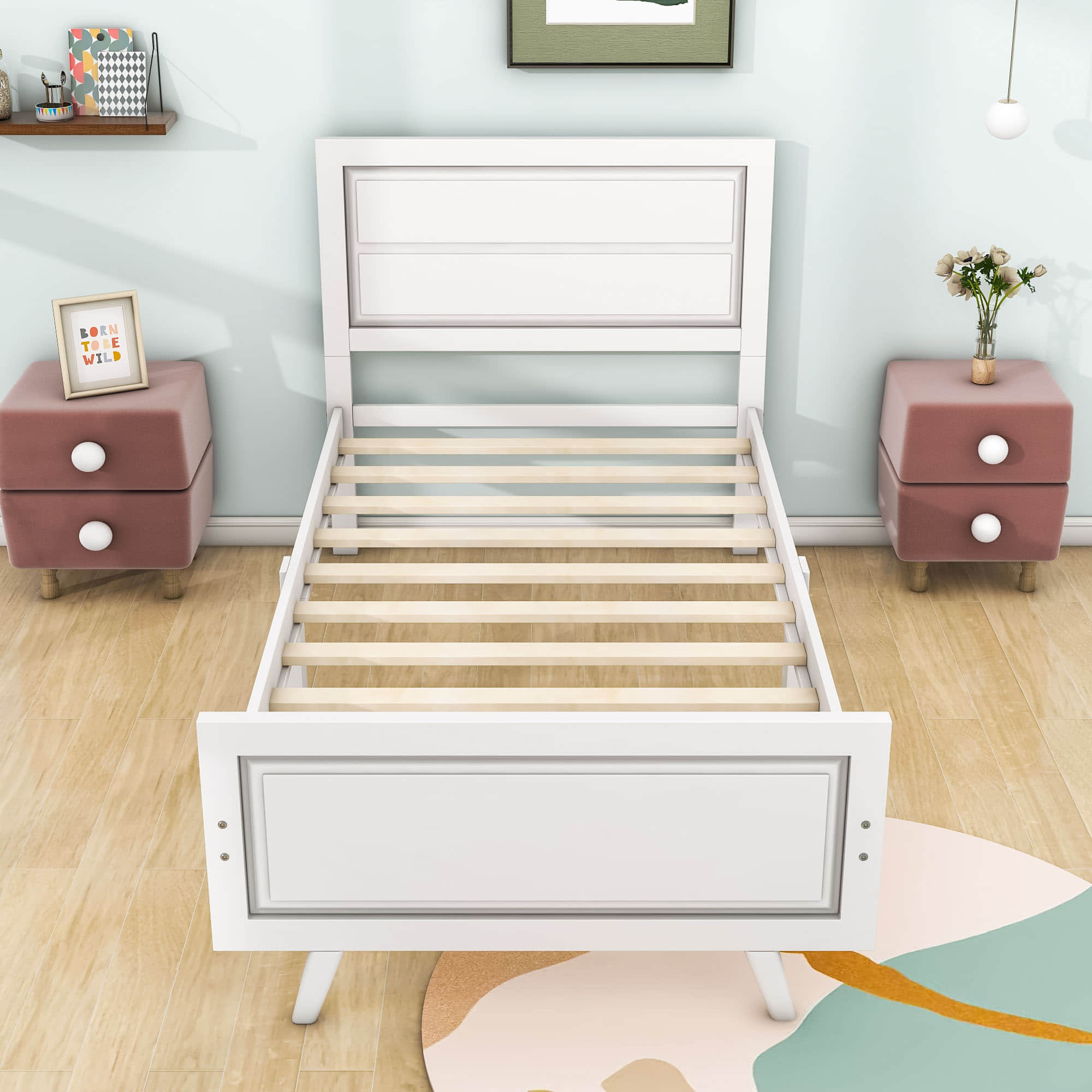 Wood Twin Platform Girls Bed Frame with Headboard and Footboard