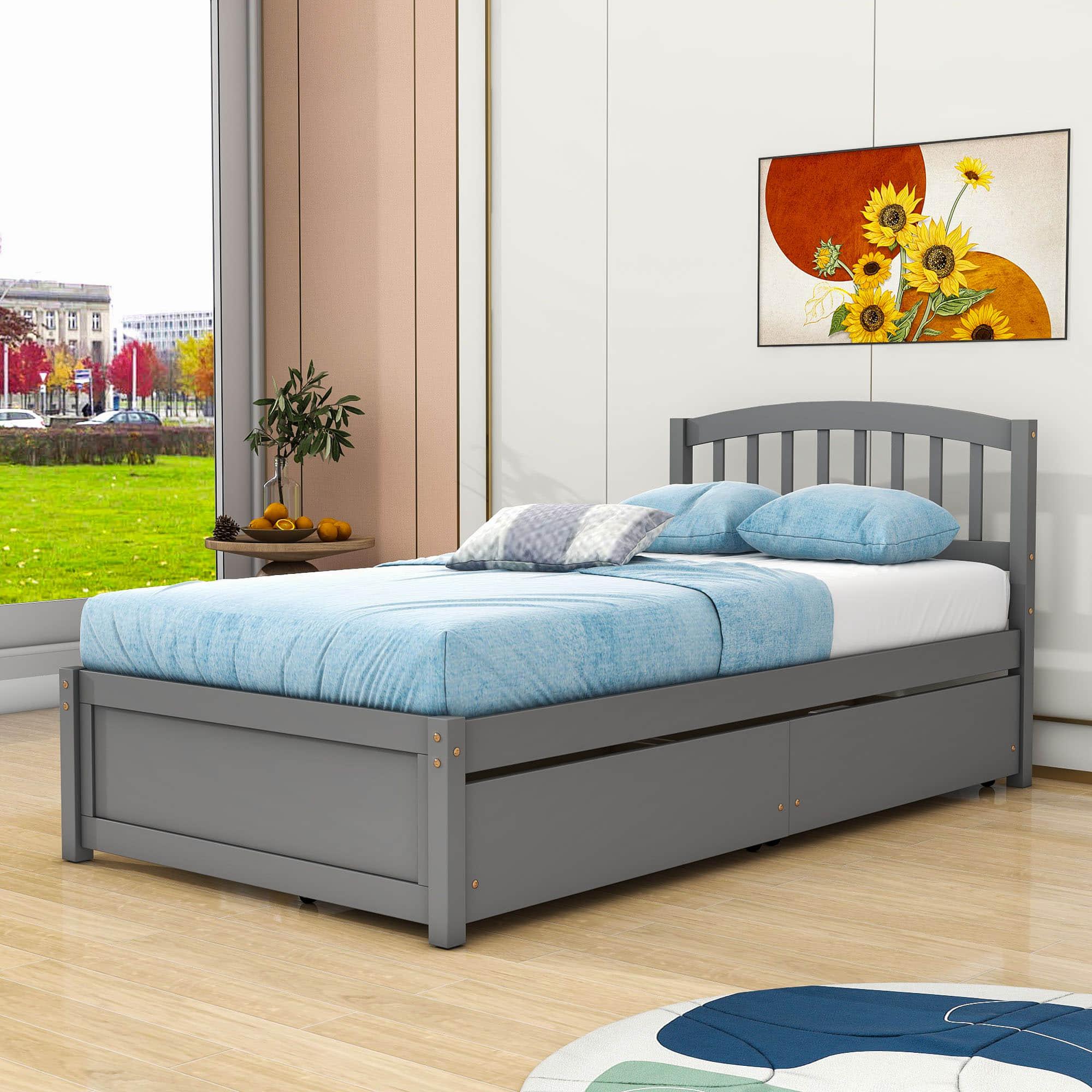 Twin Platform Bed Frame with Storage and Headboard - [Wood, Drawers]