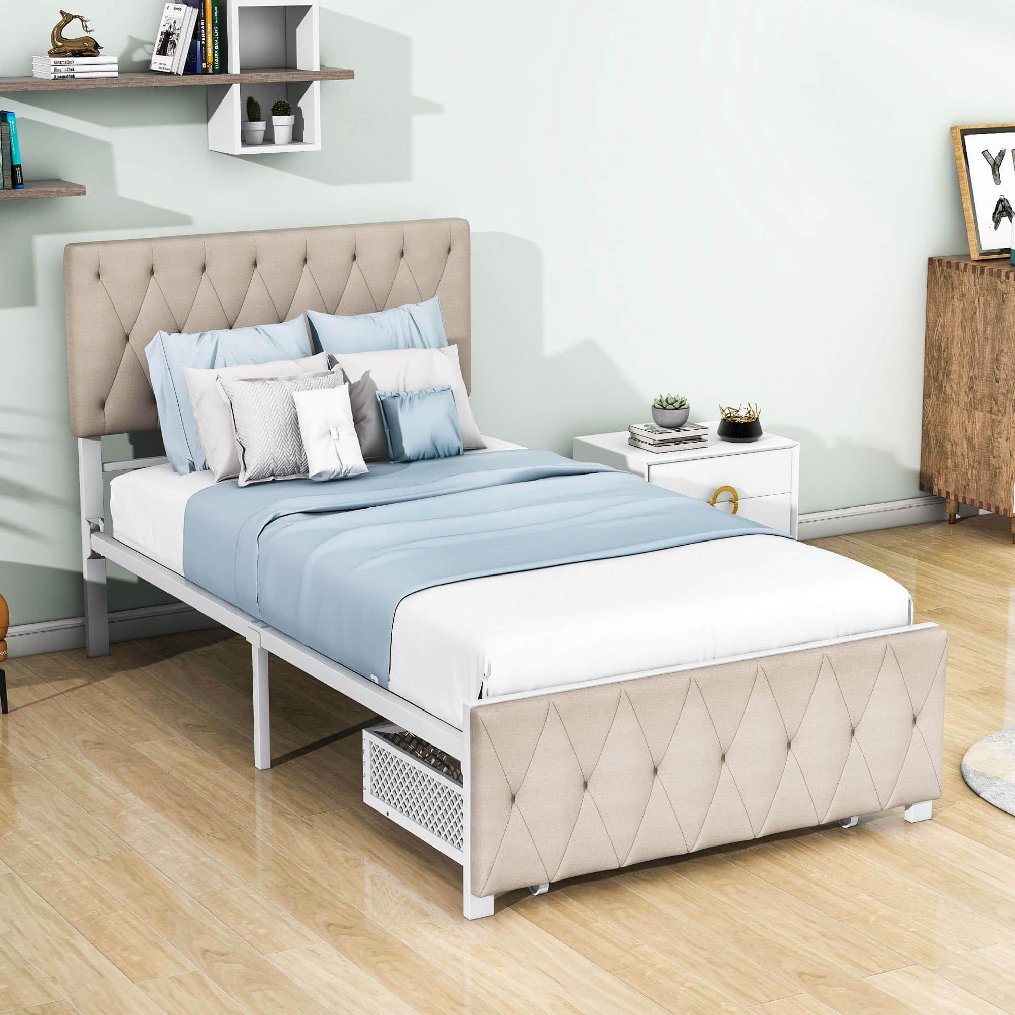 Metal Twin Size Upholstered Storage Bed with Headboard and Drawer