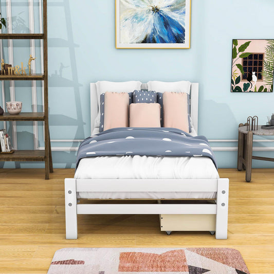 Twin Wooden Platform Bed with Storage and Headboard