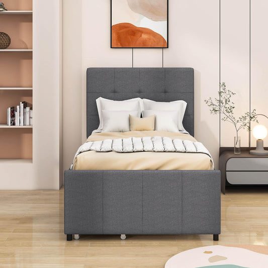 Twin Linen Upholstered Platform Bed with Storage and Headboard