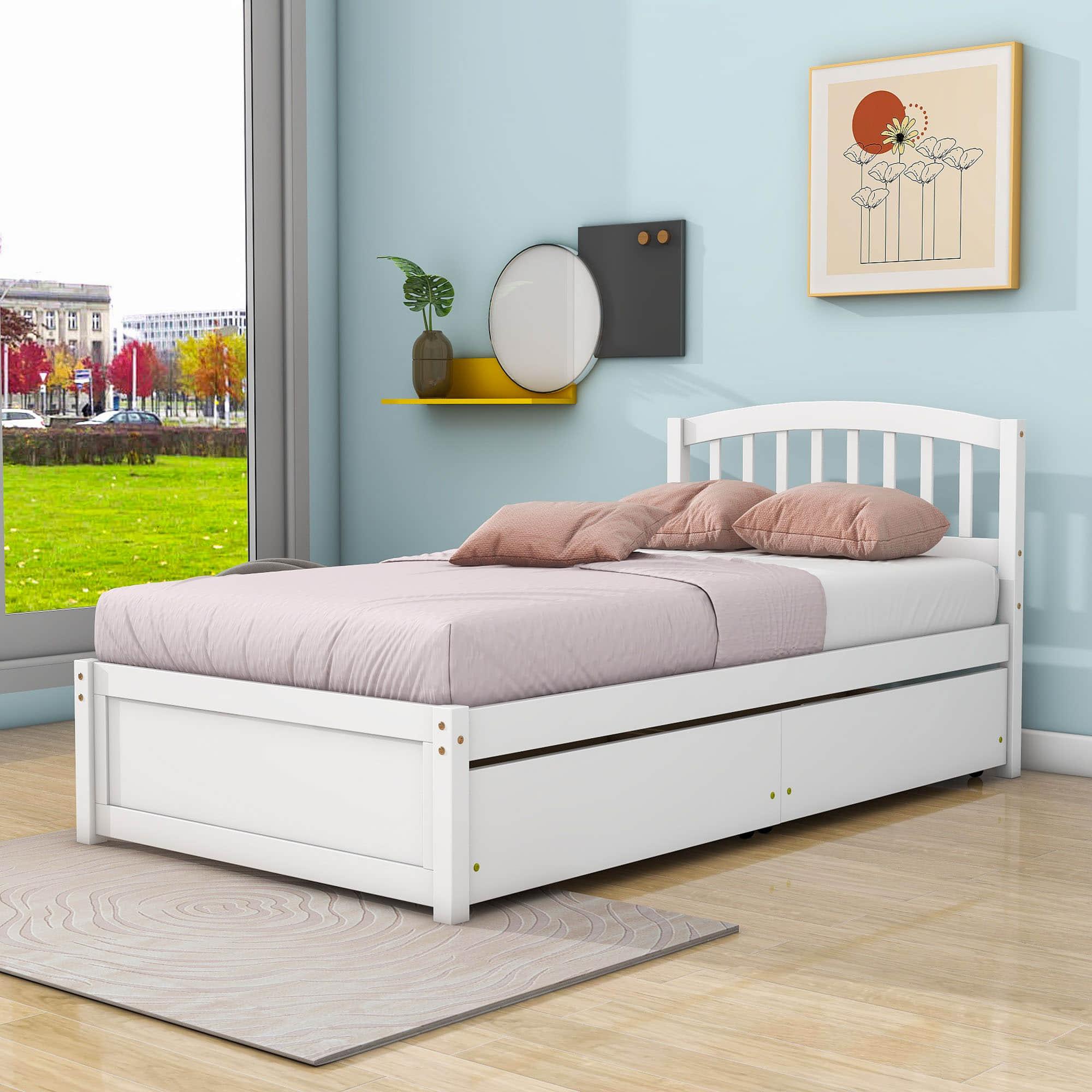 Twin Platform Bed Frame with Storage and Headboard - [Wood, Drawers]