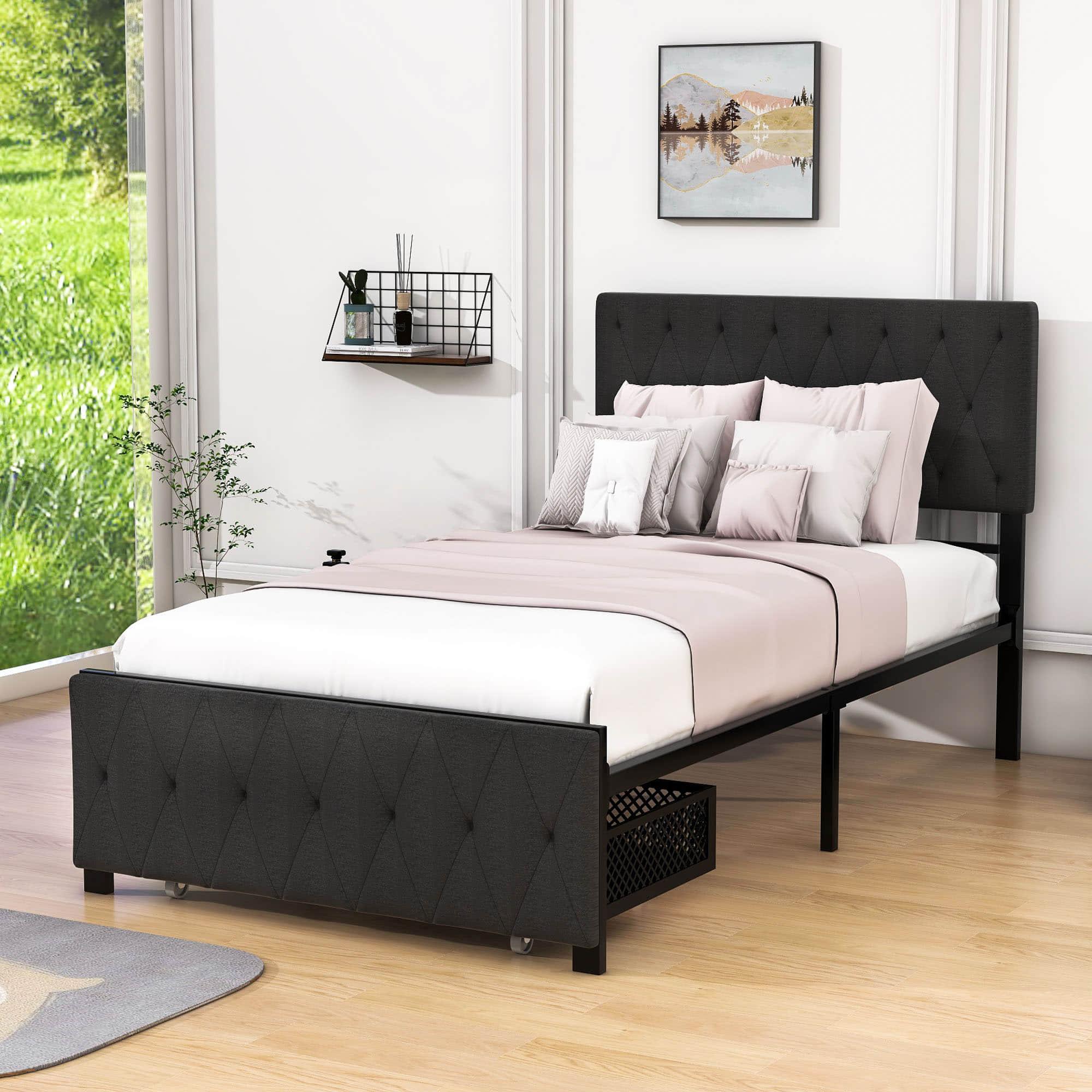 Metal Twin Size Upholstered Storage Bed with Headboard and Drawer