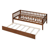 Wooden Twin Low Kids Bed with Twin Size Trundle and Rails